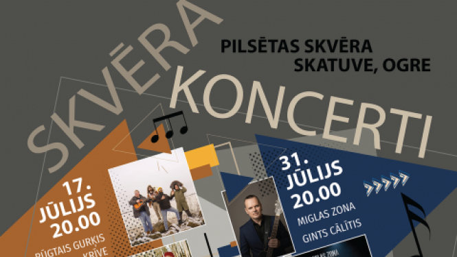 Tradicionālais brīvdabas koncertcikls SKVĒRA KONCERTI Koncertciklā SKVĒRA KONCERTI ogrēniešiem un pilsētas viesiem būs iespēja baudīt Latvijas jauno un talantīgo mūziķu sniegumu pašā pilsētas sirdī  17. jūlijā plkst. 20.00 baudīsim grupu Rūgtais Gurķis un KRĪVE koncertu