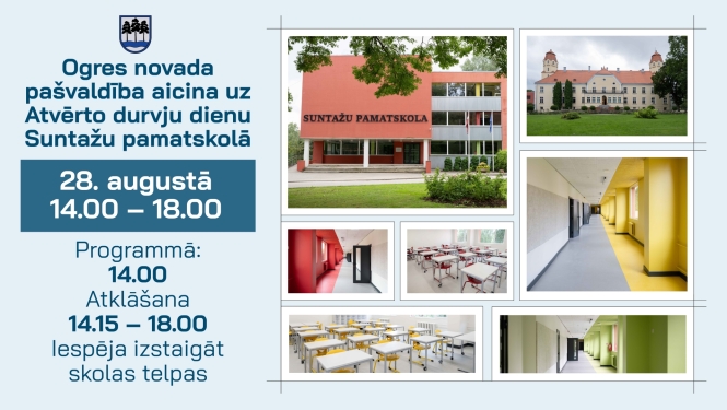 28. augustā ikvienam interesentam tiek dota iespēja apskatīt paveikto un redzēt, kāda būs Suntažu pamatskolas jaunā mācību vide!  14.00 – Atvērto durvju dienas atklāšana  14.15-18.00 – iespēja izstaigāt un iepazīt skolas telpas