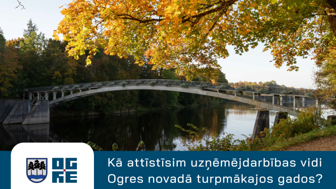 Lokveida tilts pār Ogres upi rudenī un teksts "Kā attīstīsim uzņēmējdarbības vidi Ogres novadā turpmākajos gados?"
