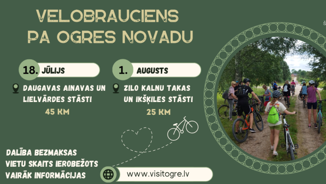 Ogres novada Kultūras un tūrisma pārvalde aicina 18. jūlijā un 1. augustā doties divos aizraujošos velo izbraucienos, kas ļaus iepazīt Ogres novada daudzveidīgās ainavas, kultūrvēsturisko mantojumu un iecienītākos apskates objektus.
