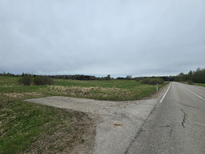 Zaļš lauks asfaltēta ceļa malā, ar asfaltētu iebrauktuvi
