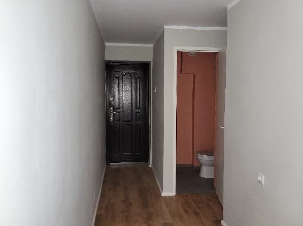 Gaitenis gaišos toņos, dzīvokļa ārdurvis tumši brūnā krāsā un atvērtas durvis uz tualeti