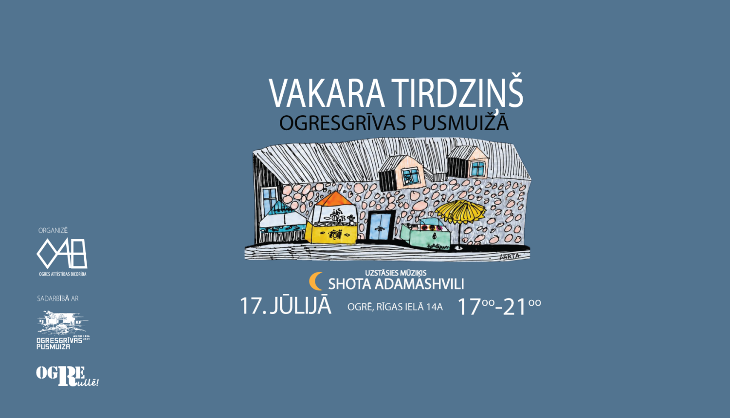 17.jūlijā no plkst. 17.00 Ogresgrīvas pusmuižas pagalmā (Rīgas ielā 14A, Ogrē) notiks vakara tirdziņš, kurā piedalīsies Ogres un citu novadu mājražotāi un mazie uzņēmēji. No plkst. 18.30 apmeklētājus priecēs gruzīnu mūziķis Šota Adamašvili, izpildot kantrī mūziku. Nāc satikt vietējos ražotājus, izbaudīt vakaru un ar savu pirkumu atbalstīt vietējos uzņēmējus un mājražotājus! Pasākumu rīko Ogres Attīstības Biedrība sadarbībā ar projektu “Ogre rullē!”.