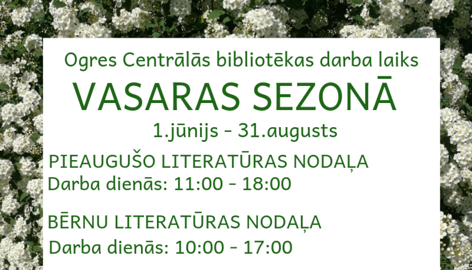 No 1.jūnija Ogres Centrālā bibliotēka strādās pēc vasaras darba laika