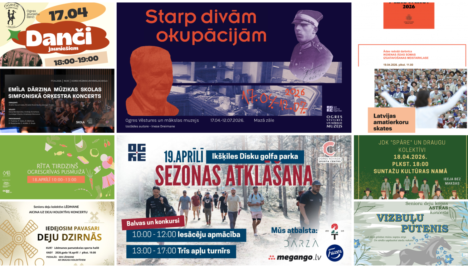 Afišu kolāža pasākumiem Ogres novadā no 2026. gada 17. līdz 19. aprīlim