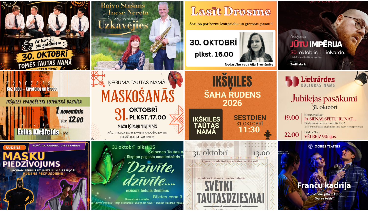 Nedēļas nogales pasākumu afišu kolāža