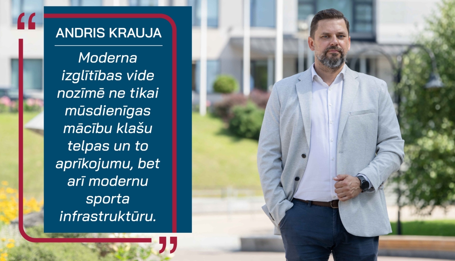 Andris Krauja un citāts: "Moderna izglītības vide nozīmē ne tikai mūsdienīgas mācību klašu telpas un to aprīkojumu, bet arī modernu sporta infrastruktūru."