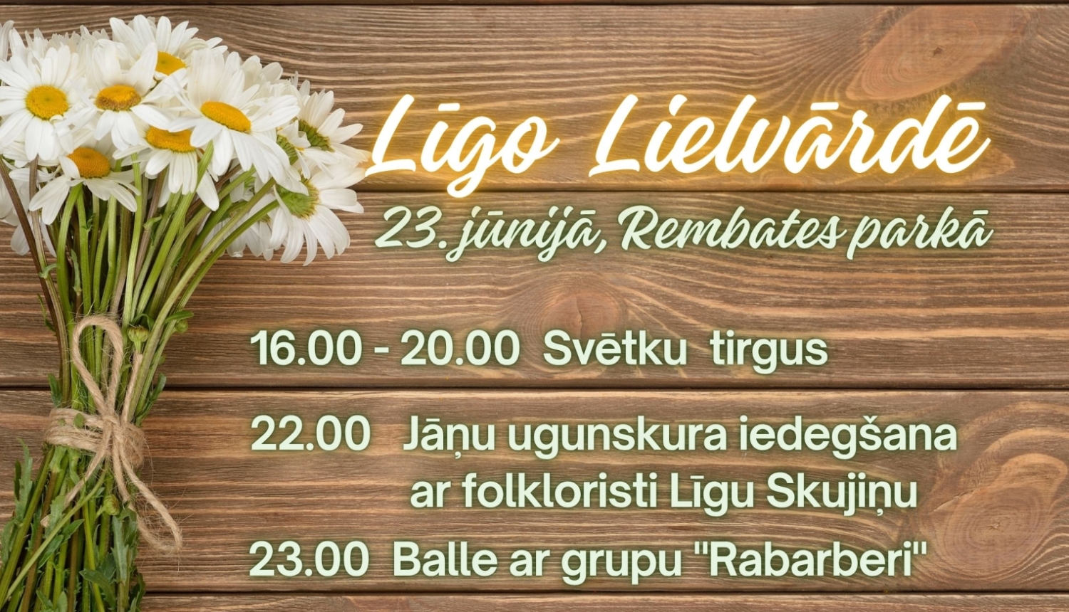 Līgo Lielvārdē - 23. jūnijā Rembates parkā. 16.00-20.00 svētku tirgus, 22.00 Jāņu ugunskura iedegšana ar folkloristi Līgu Skujiņu, 23.00 Balle ar grupu "Rabarberi". Ieeja bez maksas.