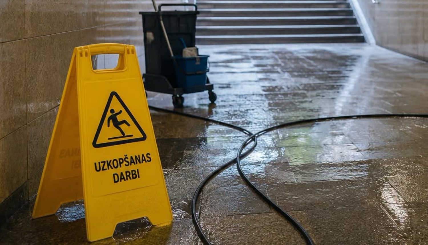 Tuneļa uzkopšanas darbi, priekšplānā - dzeltena zīme ar brīdinājumu par mitru segumu