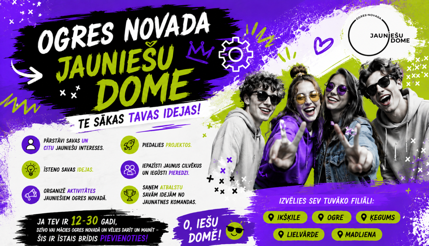 Ogres novada Jauniešu dome sāk jauno darbības sezonu un aicina pievienoties jaunus dalībniekus. Iesaistīties aicināti jaunieši vecumā no 13 līdz 30 gadiem, kā arī bērni no 12 gadu vecuma, kuri dzīvo vai mācās Ogres novadā un vēlas aktīvi līdzdarboties, īstenot savas idejas un pārstāvēt jauniešu intereses.