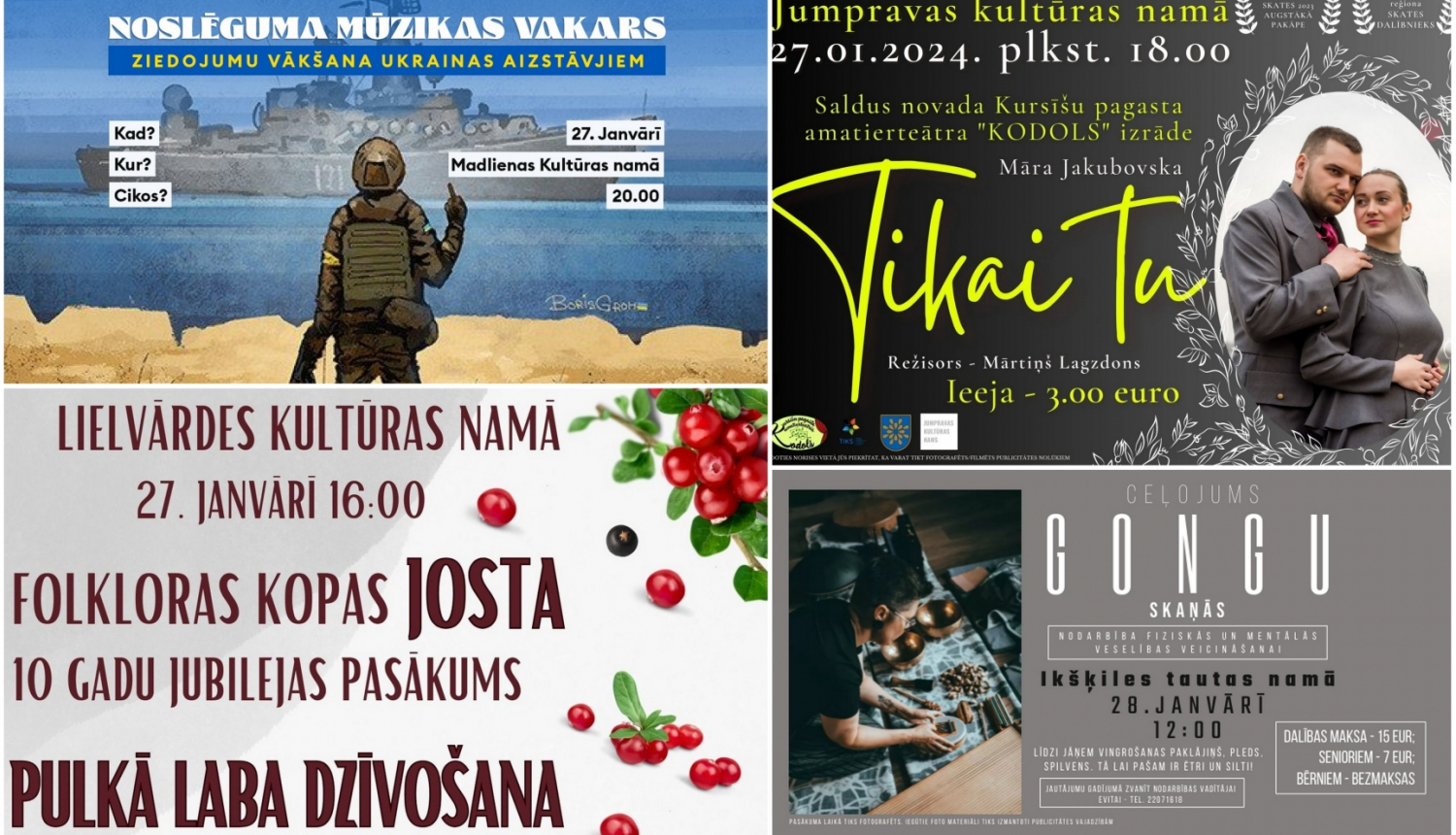 Nedēļas nogales pasākumi Ogres novadā plakātu kolāža 01.2024.