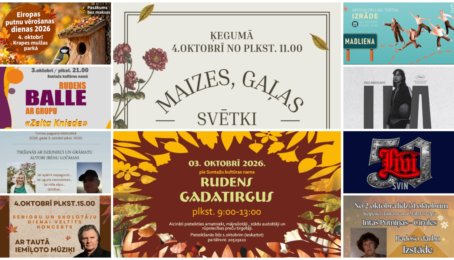 Nedēļas nogales pasākumu afišu kolāža