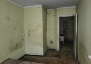 Istaba, gaiši dzeltenas, nopelējušas sienas, logs, brūna grīda, baltas durvis