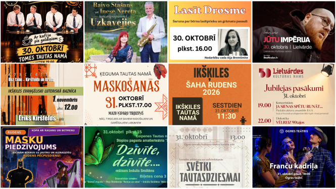 Nedēļas nogales pasākumu afišu kolāža