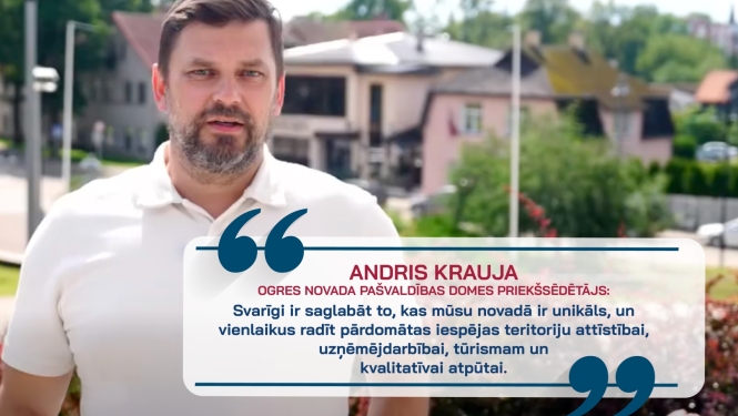 Ogres novada pašvaldības domes priekšsēdētāja A. Kraujas attēls un citāts: "Svarīgi ir saglabāt to, kas mūsu novadā ir unikāls, un vienlaikus radīt pārdomātas iespējas teritoriju attīstībai, uzņēmējdarbībai, tūrismam un kvalitatīvai atpūtai.