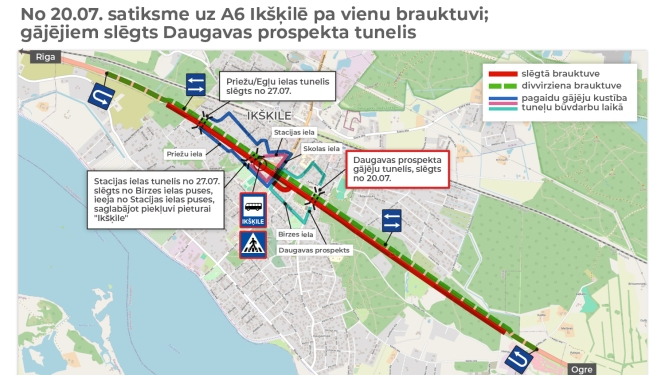 VSIA Latvijas Valsts ceļi informē, ka Ogres novada Ikšķilē sākas plaši ceļa infrastruktūras būvdarbi, to ietvaros pārbūvēs Daugavpils šosejas (A6) posmu divu kilometru garumā un abās pusēs uzstādīs prettrokšņu sienu, atjaunos trīs tuneļus zem autoceļa A6 un ceļa pārvadu pār Skolas ielu, kā arī izbūvēs jaunu gājēju un velosipēdistu infrastruktūru no Ikšķiles līdz Ogrei.