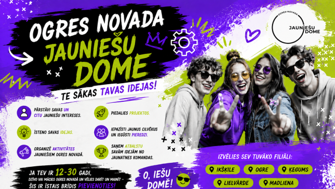 Ogres novada Jauniešu dome sāk jauno darbības sezonu un aicina pievienoties jaunus dalībniekus. Iesaistīties aicināti jaunieši vecumā no 13 līdz 30 gadiem, kā arī bērni no 12 gadu vecuma, kuri dzīvo vai mācās Ogres novadā un vēlas aktīvi līdzdarboties, īstenot savas idejas un pārstāvēt jauniešu intereses.