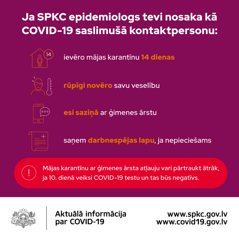 SPKC epidemiologu noteiktas kontaktpersonas mājas karantīnu varēs pārtraukt ātrāk