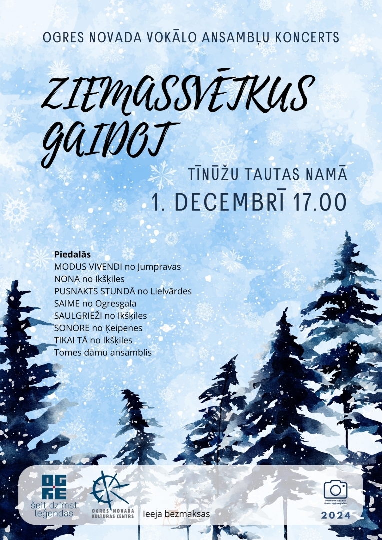 Afiša ar eglēm un ziemīgu gaišzilu fonu