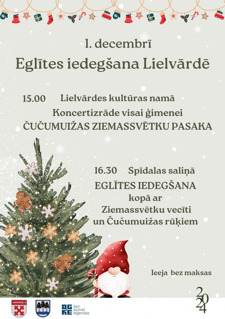 Afiša ar Ziemassvētku eglīti un rūķi