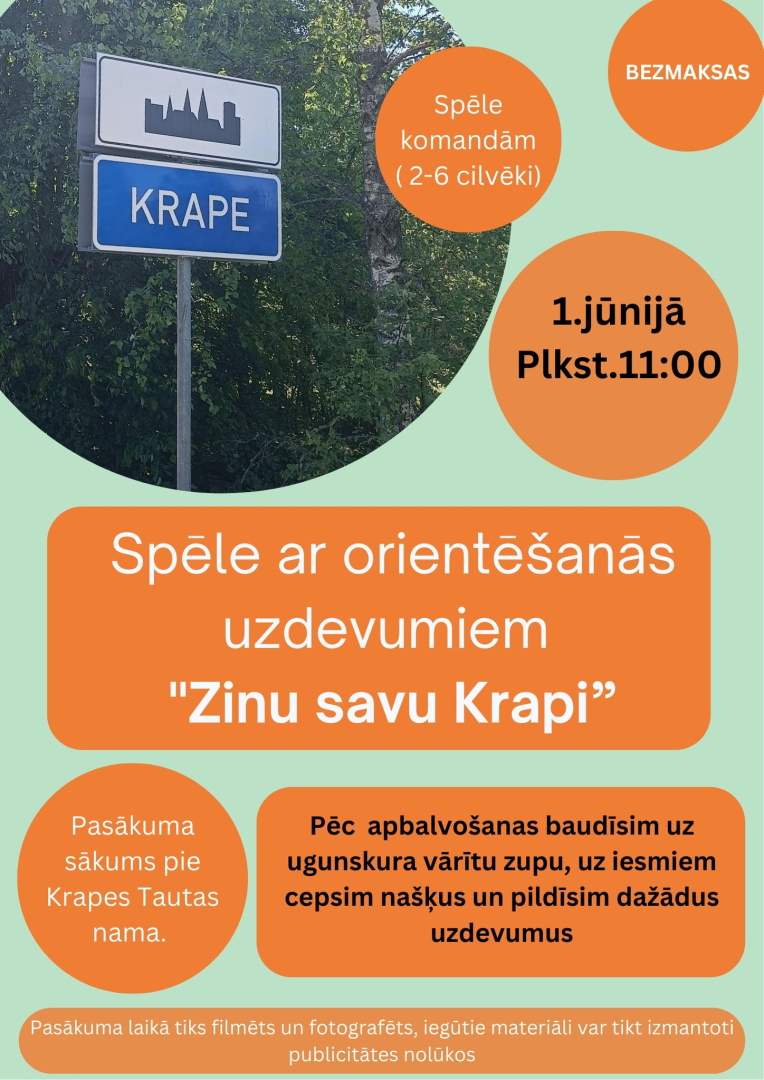 Spēle ar orientēšanās uzdevumiem “Zinu savu Krapi” Krapē 1.  jūnijā plkst. 11.00