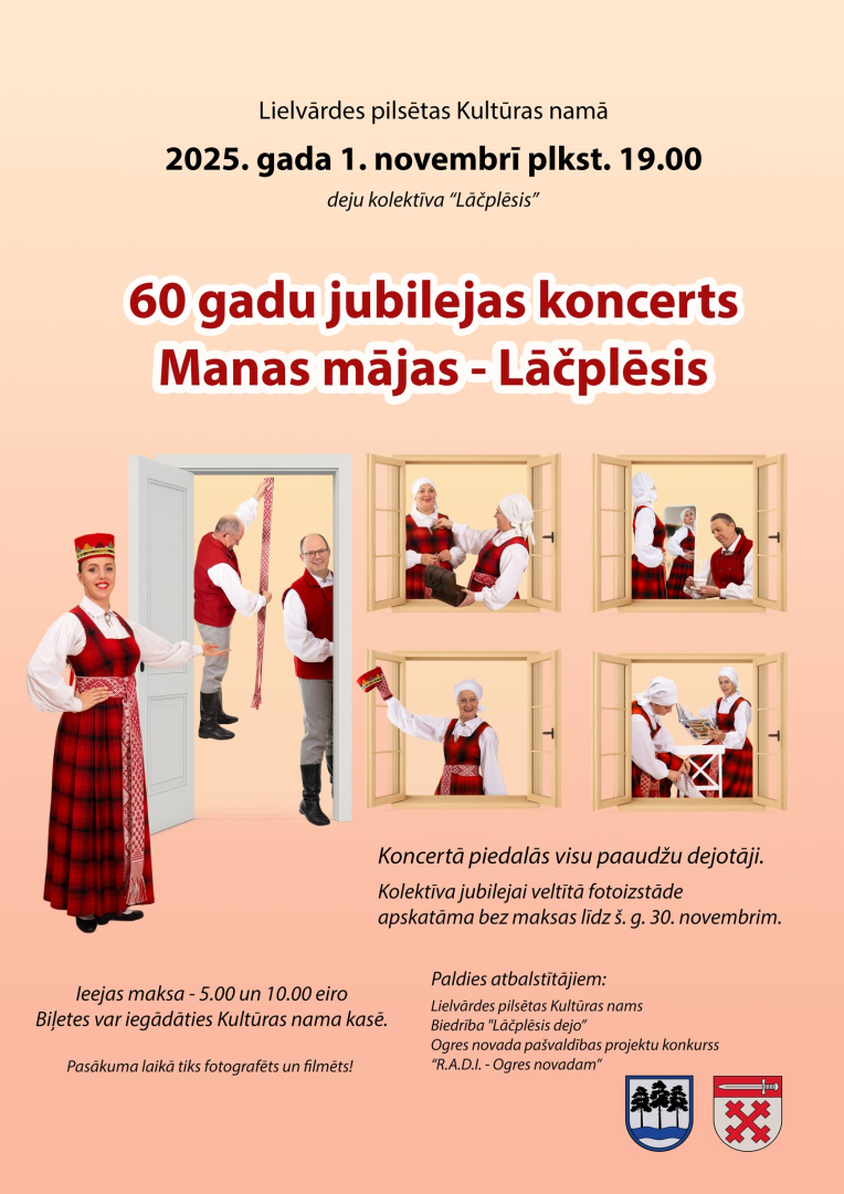 Koncerta afiša ar dejotājiem no kolektīva un vadītāju, kas visi tērpušies Lielvārdes tautas tērpā