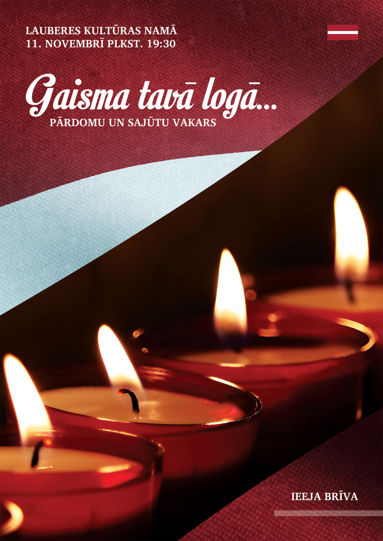 Afišā svecītes uz Latvijas karoga fona