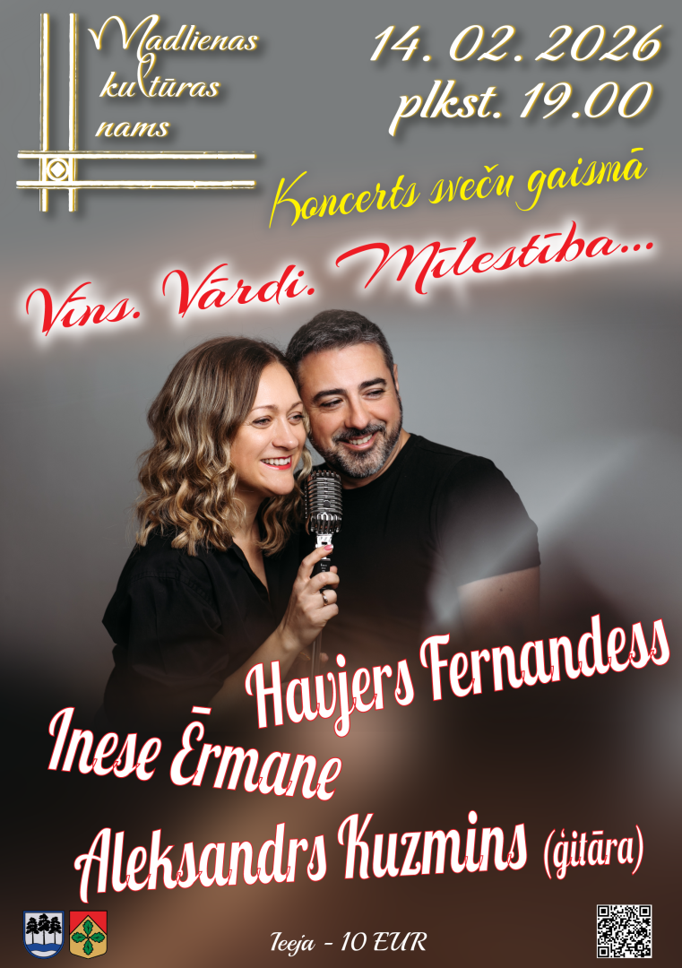 Pasākuma afiša ar informāciju par koncertu un mākslinieku attēliem