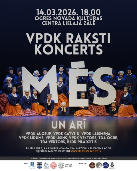 Afiša ar informāciju par konkursu un deju kolektīva kopbildi tautastērpos. Dejotāji rokās tur lielus burtus MĒS