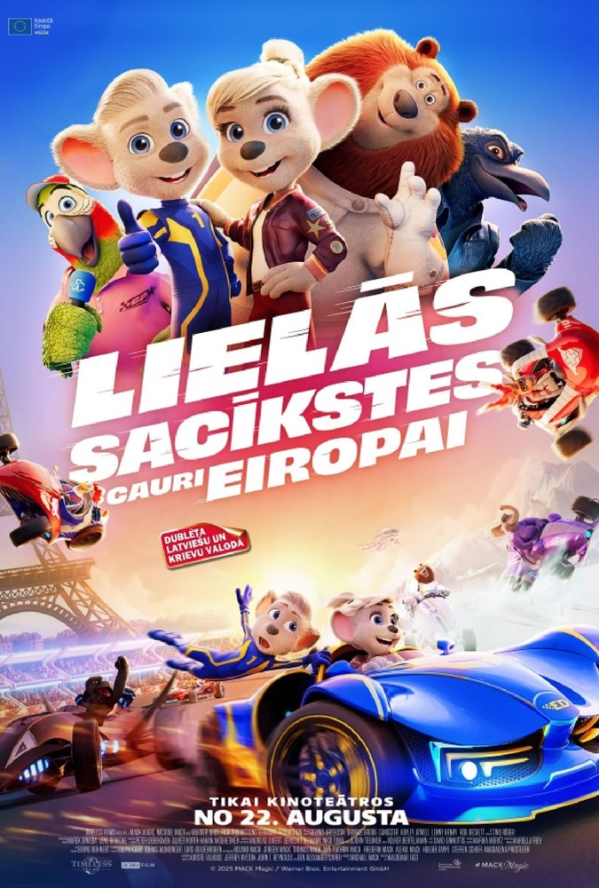 Miltfilma Lielās sacīkstes cauri Eiropai 14. septembrī plkst. 11.00 Ogres novada kultūras centrā. Afiša ar multfilmas varoņiem - pelēm, lāci, dažādiem putniem un sacīkšu auto