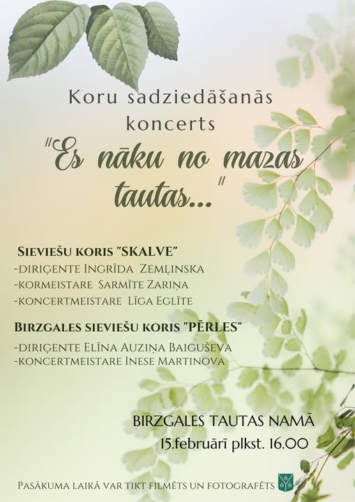 Pasākuma afiša ar informāciju par koncertu uz zaļojošu zaru un lapu fona