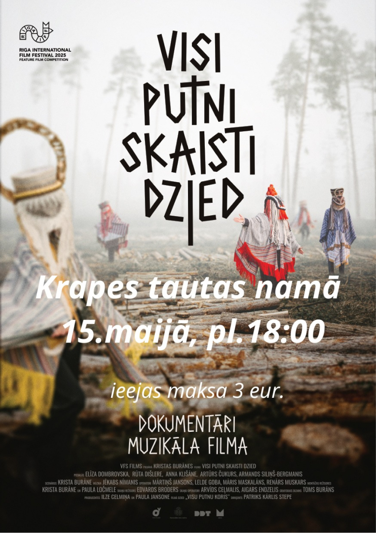 15. aprīlī plkst. 18.00 Krapes Tautas namā dokumentāri muzikāla filma VISI PUTNI SKAISTI DZIED.  VISI PUTNI SKAISTI DZIED ir dokumentāri muzikāla filma par pasaules galu, kurš nemanāmi notiek mūsu acu priekšā.