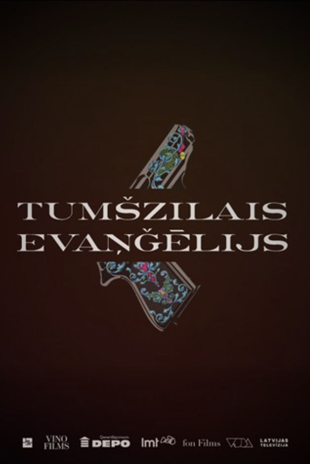 Afiša filmai Tumšzilais evaņģēlijs. Attēlā redzams ierocis - pistole uz melna fona