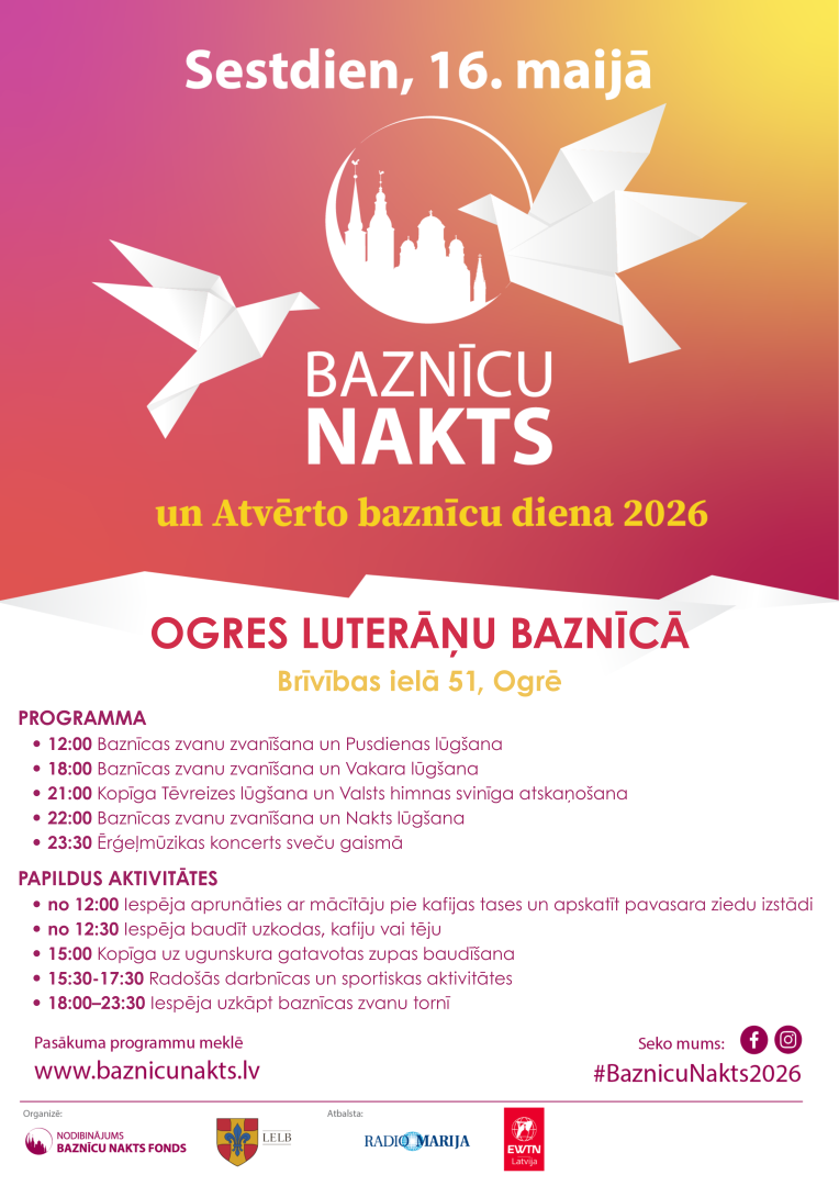 Afiša ar informāciju par pasākumu un tā programmu, fona attēlā Baznīcu nakts logo - baznīcu torņi un divas baltas, no papīra locītas dūjas 