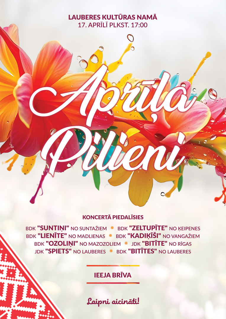 Koncerts  APRĪĻA PILIENI Lauberes kultūras namā 17. aprīlī plkst. 17.00