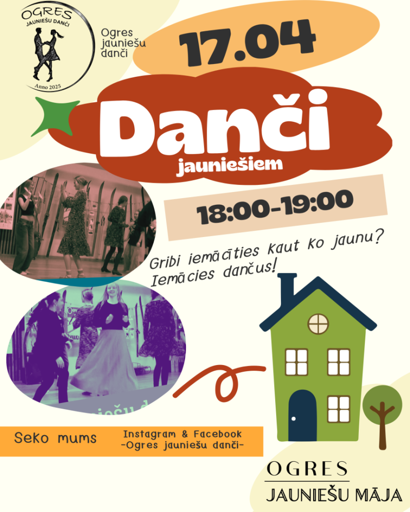 GRIBI iemācīties kaut ko jaunu un noderīgu?! Nāc un iemācies kaut ko jaunu! Iemācies dančus! Pievienojies jauniešiem no Ogres novada danču meistarklasē 17. aprīlī plkst. 18:00! Nekautrējies! Nāc!
