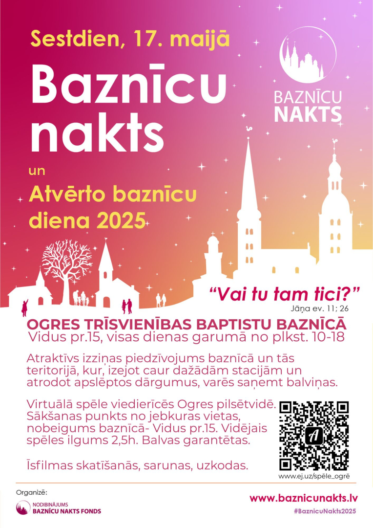 Sestdien, 17. maijā, Baznīcu nakts un Atvērto baznīcu diena 2025