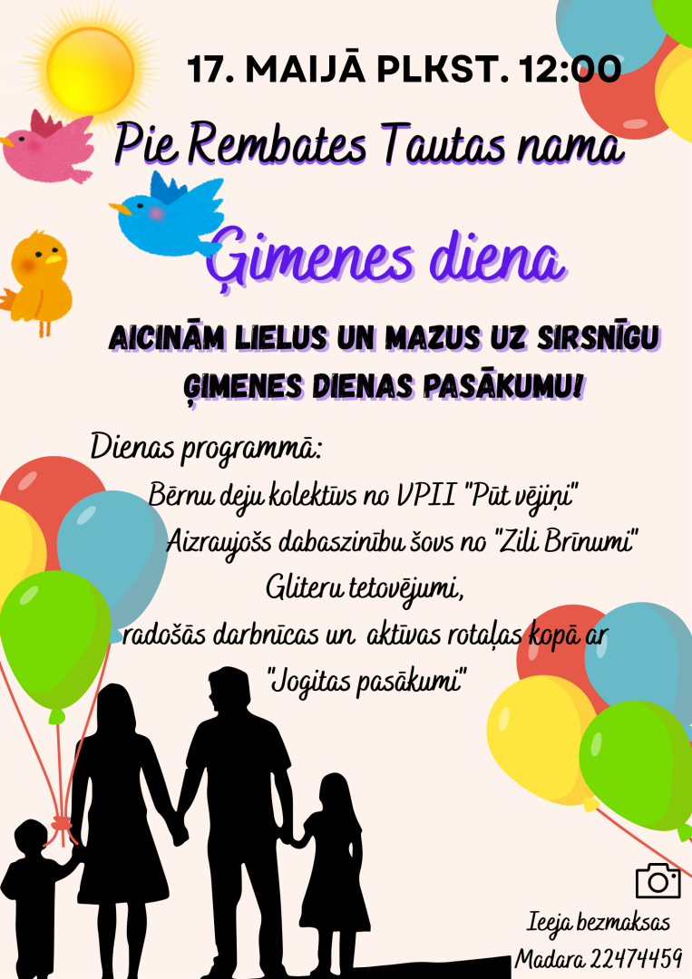 Ģimenes dienas pasākums pie Rembates Tautas nama 17. maijā plkst. 12.00