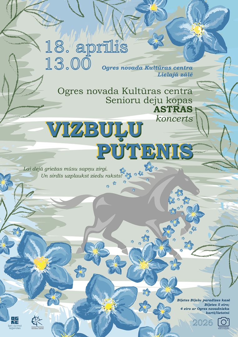 18.aprīlis plkst. 13.00 ONKC Lielā zāle ONKC Senioru deju kopas ASTRAS koncerts VIZBUĻU PUTENIS Biļetes EUR 5, 4 Ogres novadnieka karte vai aplikācija Pasākums var tikt filmēts un fotografēts. Iegūtais materiāls var tikt izmantots publicitātes vajadzībām.