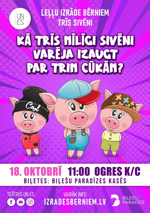 Afiša ar trīs sivēntiņiem uz violeta fona