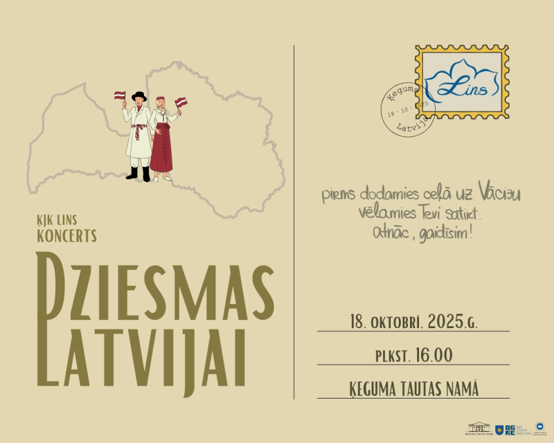 Ķeguma Tautas nama jauktā kora "Lins" koncerts "Dziesmas Latvijai". Afiša noformēta kā pastkarte