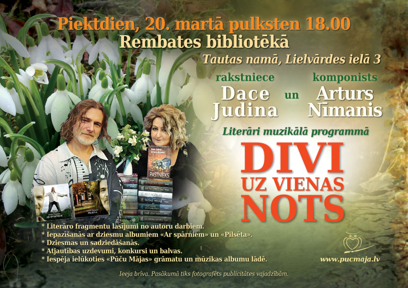 Afiša ar Daci Judinu un Arturu Nīmani uz sniegpulkstenīšu fona.