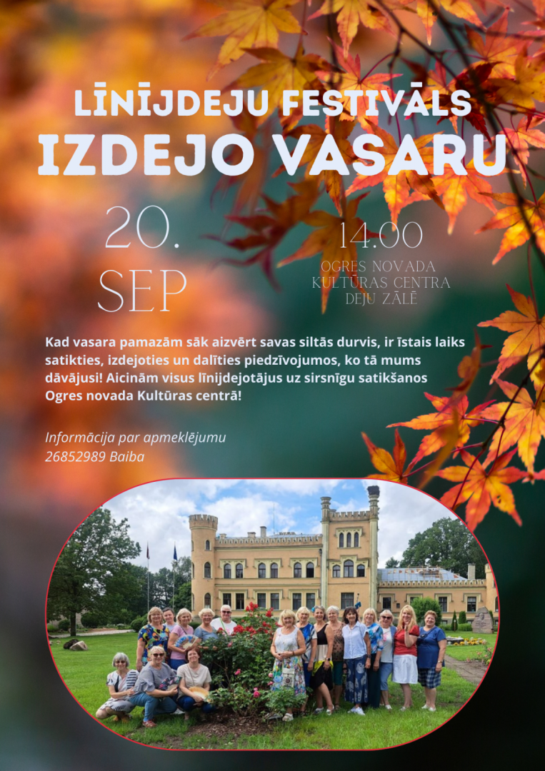Afiša ar rudens lapām Līnijdeju festivālam Izdejo vasaru