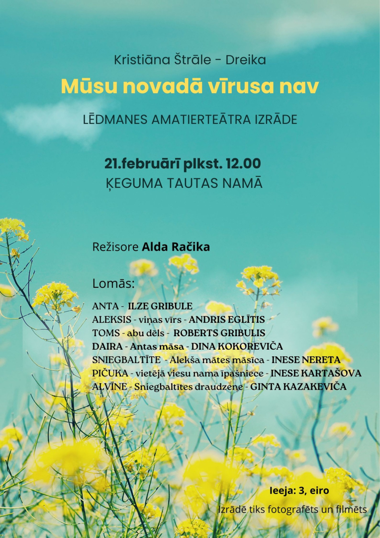 Afiša ar informāciju par izrādi uz dzeltenu ziedu fona