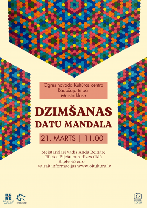 Afiša ar informāciju par pasākumu un daudzkrāsainu Gaismas mandalas attēlu