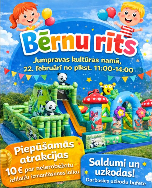 Afiša ar informāciju paar pasākumu uz piepūšamo atrakciju un citu daudzkrāsainu, dzīvespriecīgu zīmētu attēlu fona