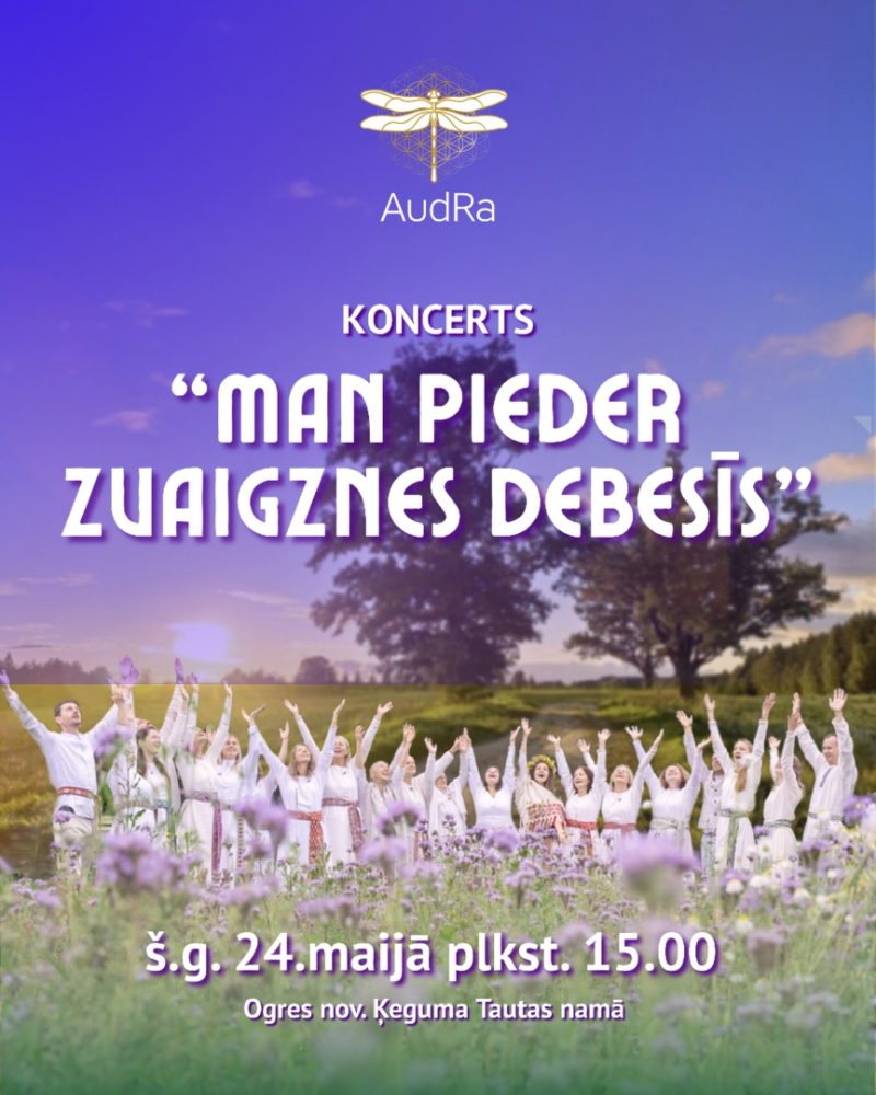 24. maijā plkst. 15.00 Dziedošā kopas “AudRa” ar draugiem un vadītāju Dainu Verveiko aicina uz koncertu- radošo vakaru “Man pieder zvaigznes debesīs” Dziedāsim pašu raditas dziesmas, klausīsimies kokles un ģitāras skaņās… un mazliet pasapņosim par zvaigznēm… Ieeja par ziedojumiem. 