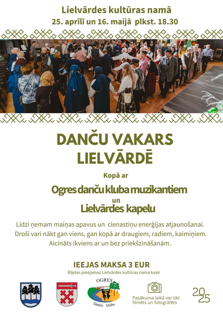 Danču vakars Lielvārdes kultūras namā 25. aprīlī un 16. maijā plkst. 18.30