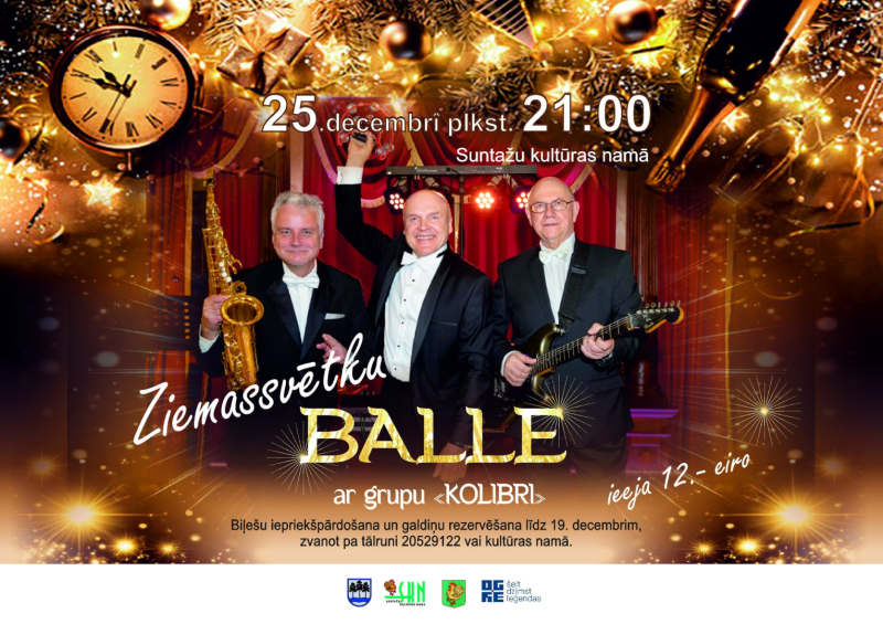 Afiša svētku noformējumā, attēlā grupa Kolibri