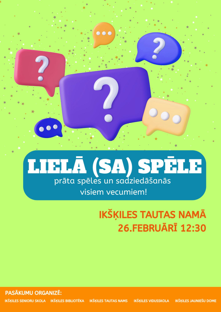 Afiša ar informāciju par pasākumu, fona attēlā dažādu krāsu jautājumu zīmes un daudzpunkti